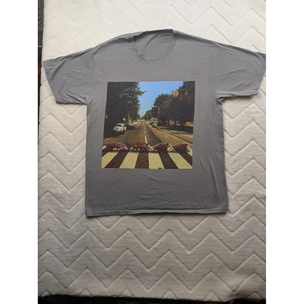 Opossum Abbey Road Parody Graphic T-Shirt Grey Short Sleeve Funny Animal Tee